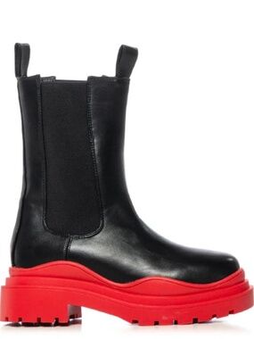 Azalea Wang Black Chelsea Platform Boots with Red Chunky Lug Sole | Statement Bo